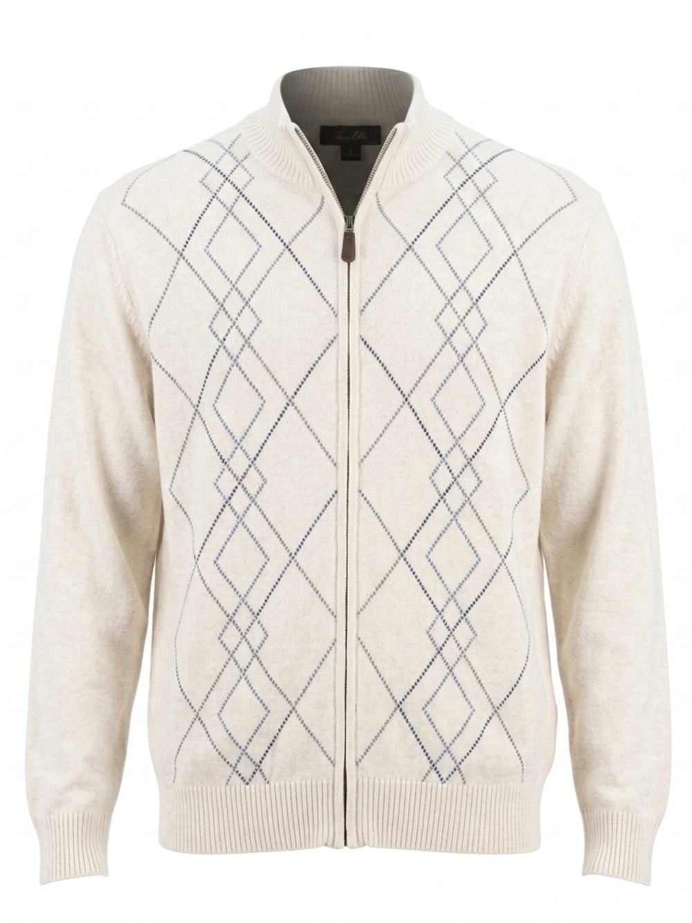 Tasso Elba Men's XL Argyle Full-Zip Cotton Cardigan‎ Sweater - Cream/Blue